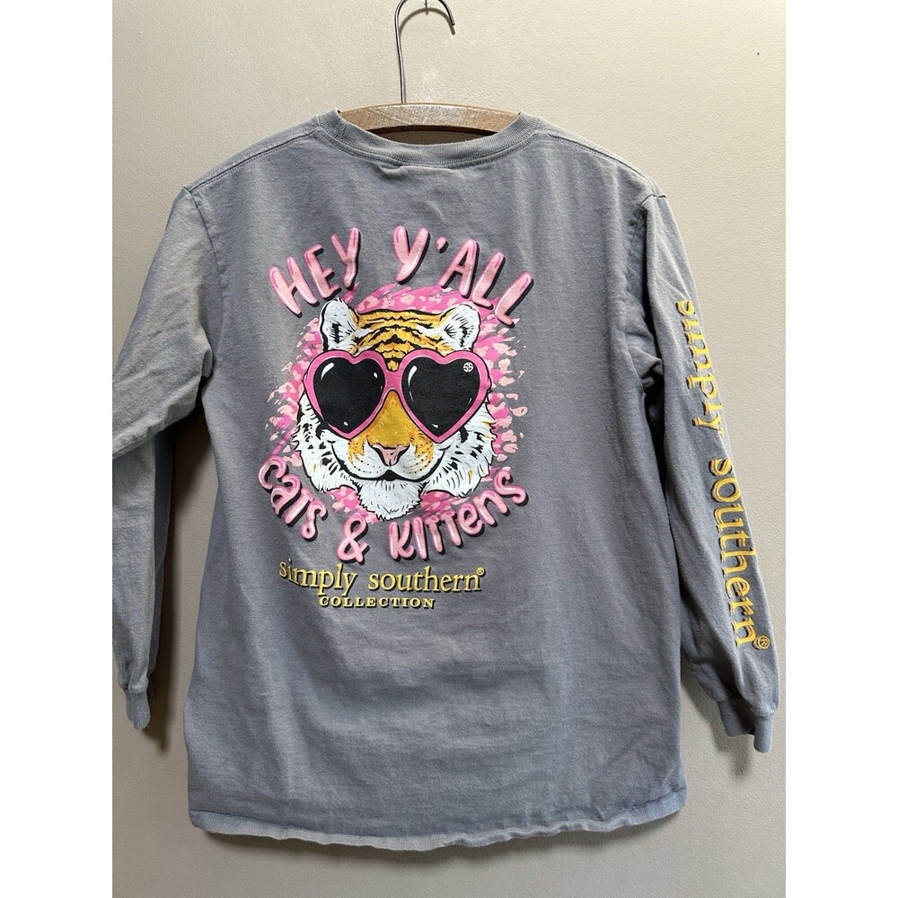 Simply Southern Long Sleeve T Shirt Size‎ Youth Large Cats & kittens Gray Cotton